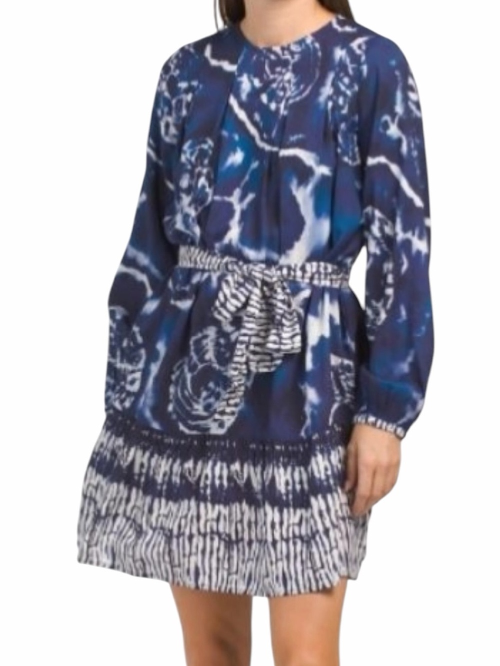 Garrie B Blue and White Tie-Dye/Batik Long Sleeve Aline Mini Dress L
